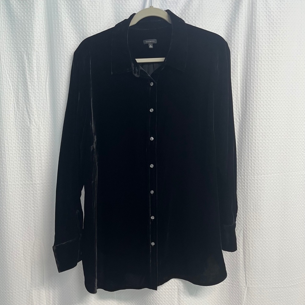 Talbots Womens XL Black Velvet Button Down Shirt Long Sleeve Tunic Holiday Luxe